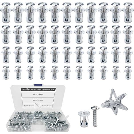 Lot de 48 ancrages muraux creux, écrou pétale, vis d'expansion pétale, vis d'expansion en métal, pour cavité, kit d'ancrage mural creux, pour murs fins, portes creuses, tôle (1/5)