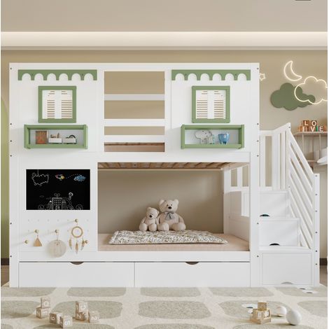 struttura letto 90x200 con scala e cassetti bianco verde HAVRYA (1/5)