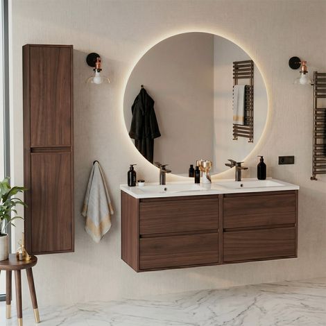 Ensemble meuble double vasque encastrée 120cm et colonne Edmé Bois foncé (1/5)