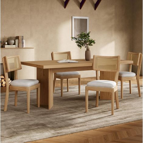 Set di 4 sedie da pranzo con schienale in rattan e seduta in lino, legno (1/5)