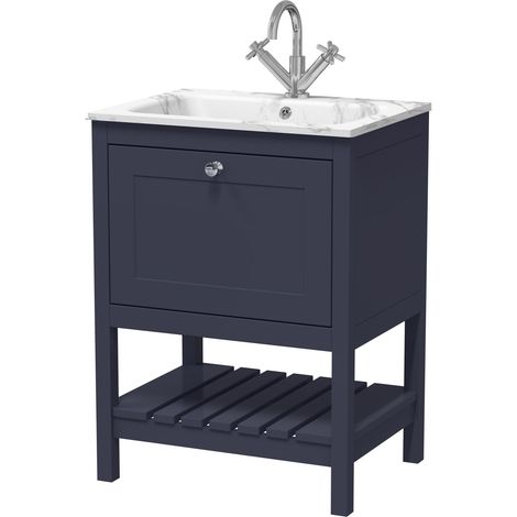 Coppenhall Contemporary 1 Drawer Floor Standing Vanity Unit with Stone Basin, Indigo Blue, 600mm (1/4)