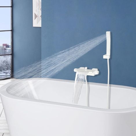 Rubinetto per vasca da bagno con doccetta a cascata, montaggio a parete, con cascata, doccia calda e fredda (bianco) (1/5)
