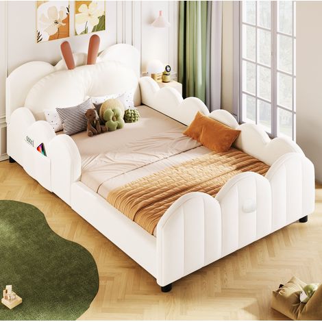 Cama infantil 90x200 cm - Cama individual - Con cabecero en forma de conejo y barandilla - En terciopelo - Beige (1/5)