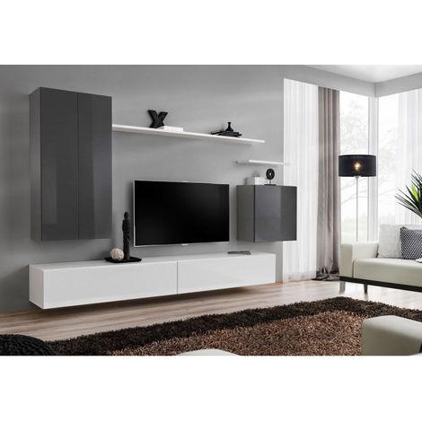 Ensemble mural - Switch XX - 1 vitrine LED - 1 banc TV - 1 étagère murale - Blanc et graphite - Modèle 2 - Livraison gratuite