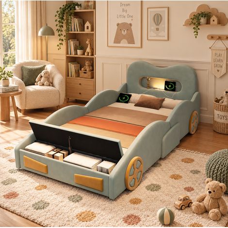 Lit voiture enfant 90x200 cm en flanelle vert, rangement, chambre enfant, sans matelas – MEUBLIV (1/5)