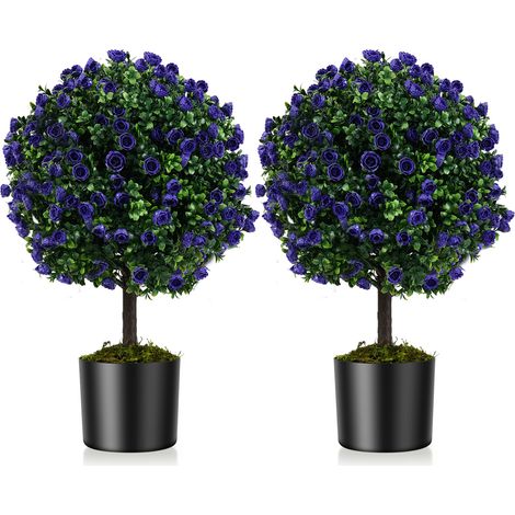 COSTWAY Set of 2 Artificial Purple Rose Topiary Ball Trees w/Cement-Filled Pot (1/5)