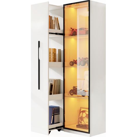 Bibliothèque vitrine 160 cm, meuble multifonction blanc en MDF avec portes en verre trempé, LED, côté coulissant sur roulettes, 2 usages, pour salon et bureau CHICFURN (1/5)