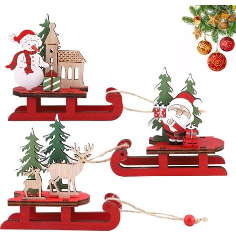 Traîneau De Noël - En Bois Naturel Non Finition - Pour Décoration Table Arbre Ou Suspension - Rustique Festif - Lot De 3 Pièces