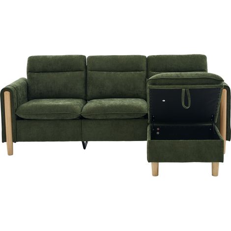 Canapé d'angle 3 places en chenille vert – avec pouf de rangement, poches latérales – style nordique, idéal pour petit salon (1/5)