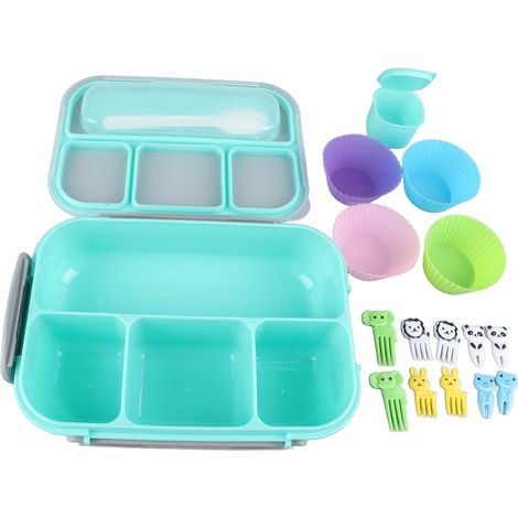 Lot de 16 Boîtes à lunch 1300ml avec 4 Compartiments, Réutilisables et Étanches, Couvercle Vert, pour Adultes, avec Cuillère (1/5)