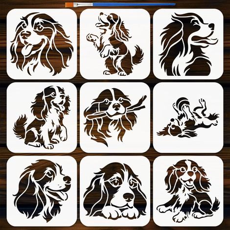 9 Pcs Pochoirs Chiens Aux Longues Oreilles Avec 1 Pinceau 15x15cm Pochoir Tête de Chien Mignon Motif Chiens Template Animaux pour Peinture sur Bois Mur Meuble Déco Maison DIY (1/5)