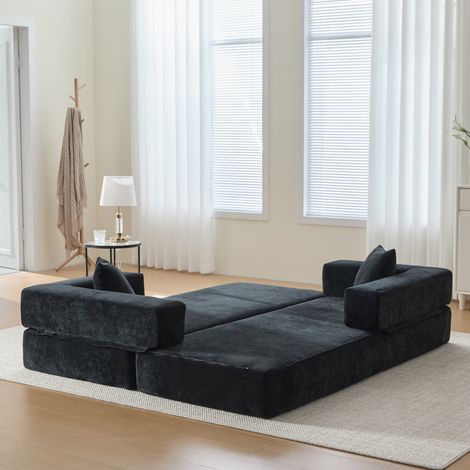 Canapé modulable 198/159/41 cm en chenille noire avec poches latérales, confort douillet et style épuré (1/5)