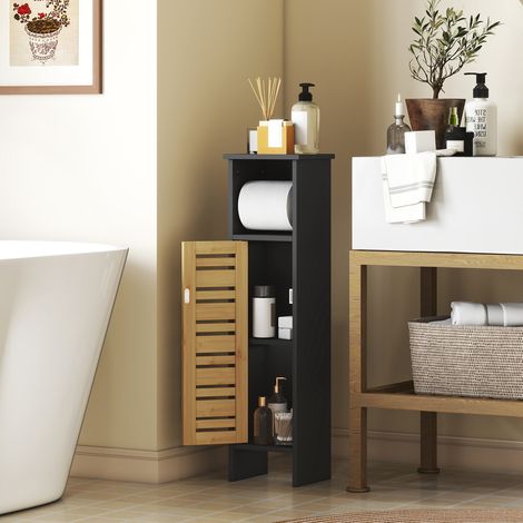 Meuble salle bain support papier toilette barre amovible 3 niveaux sortie papier 78 cm bambou noir. Rangement design pour votre papier toilette et accessoires de bain. (1/5)