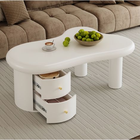 Weiße, unregelmäßige Couchtisch mit 2 Schubladen, MDF, 97 x 64 x 42 cm HAVRYA (1/5)