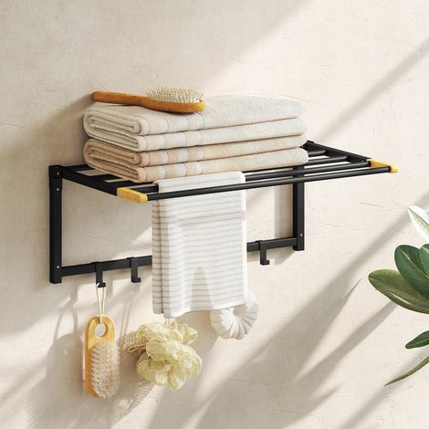 Porte-serviettes de salle 60 cm de bain mural pliant avec 5 barres et 6 crochets pour serviettes de noirs (1/4)