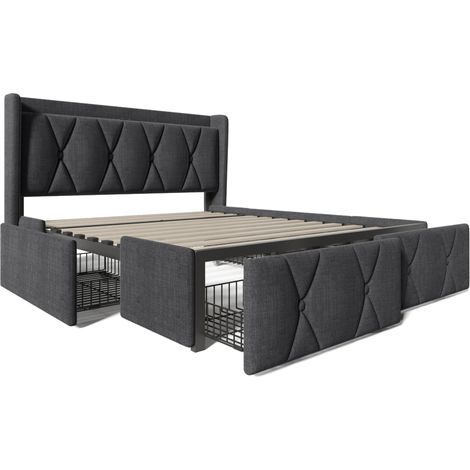 Cama doble tapizada gris 140 x 200 cm con 4 cajones, puertos USB y enchufes, somier, HOMVRA (1/5)
