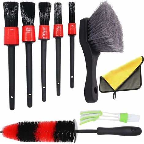 royaluxe - 9Pcs Lot de Brosse Nettoyage Voiture avec Pinceau à Détail de Voiture, Brosse à Jante Aluminium et Pinceau à Pneu pour Lavage Roue, Moteur, Tableau de Bord, Bouches D'aération et Intérieur (1/5)