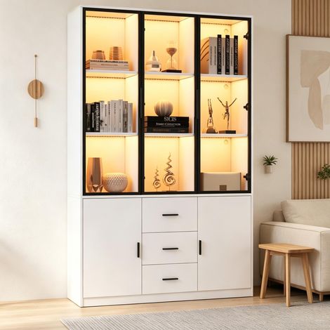 Vitrine avec LED, 120x30x200 cm, 5 portes et 3 tiroirs, blanc (1/5)