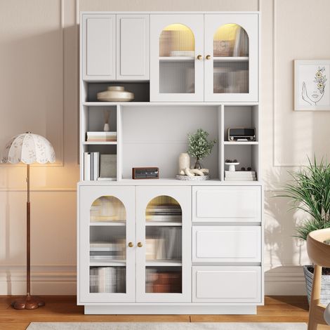 Aparador alto, mueble de cocina con puertas curvas de acrílico, mueble bar con compartimentos abiertos, armario con iluminación LED de color ajustable controlada por una aplicación. (1/5)