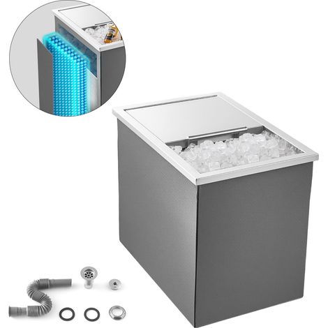 Glacière encastrable en acier inoxydable, 455 x 305 x 385 mm, bac à glace commercial de 27,1 L pour l'extérieur avec couvercle coulissant, tuyau d'évacuation inclus, pour vin et bière frais (1/5)