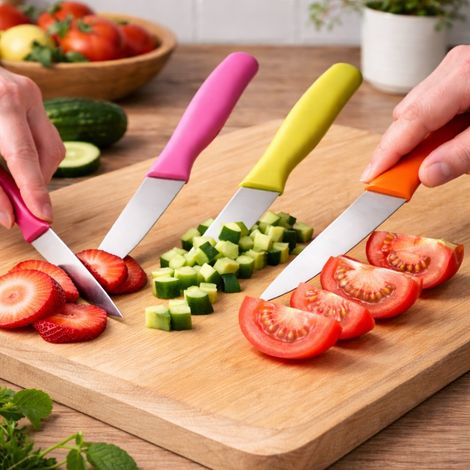 Set de 6 Couteaux Office Colorés – Lame Inox Tranchante, Manche Ergonomique, Étui de Protection – Légers et Faciles à Utiliser (1/5)