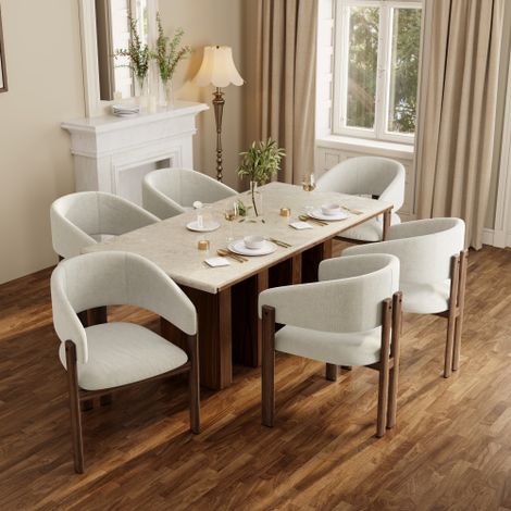 Lot de 6 chaises de salle à manger avec accoudoirs en lin beige et structure en métal effet bois noyer (1/5)