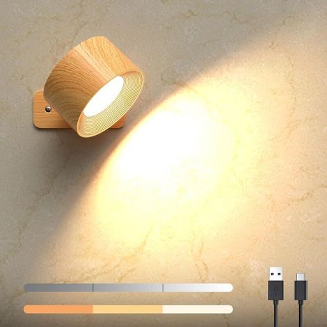 Applique murale tactile LED sans fil, lampe de chevet d'intérieur, rotation à 360°, convient pour salon, chambre ou couloir, aspect bois (1/5)