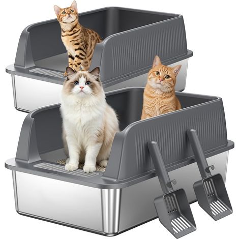 2 x Stainless Steel Open Litter Tray - Large Metal Tray with High Edges - Dark Grey (1/5)
