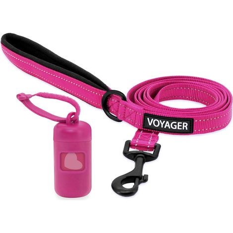 Voyager Reflektierende Hundeleine mit Neoprengriff und wiederverwendbarem Mesh Dispenser-Kotbeutel-Halter by Best Pet Supplies, Fuchsia, size M