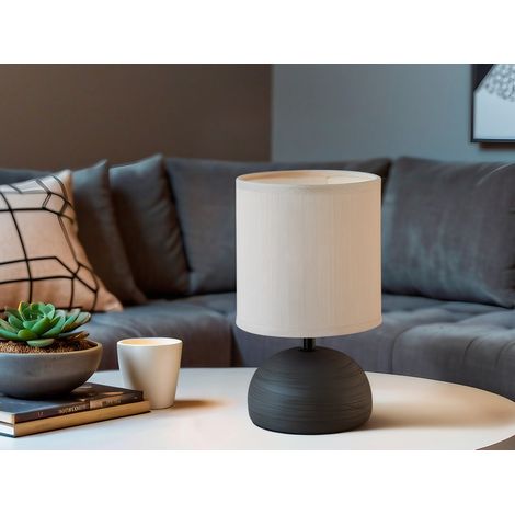 LED Tischleuchte Keramik Braun runder Stofflampenschirm Weiß, Höhe 23cm (1/5)