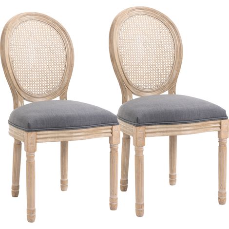 Set aus 2 gepolsterten Küchenstühlen im Vintage-Stil mit grauer Rattan-Oberfläche
