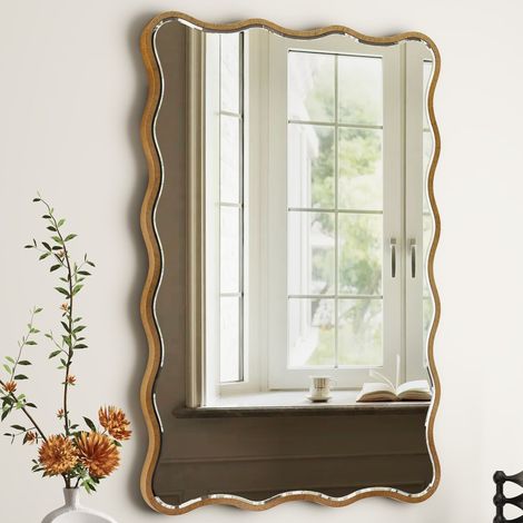 Miroir mural ondulé avec cadre en bois doré, style moderne (1/5)