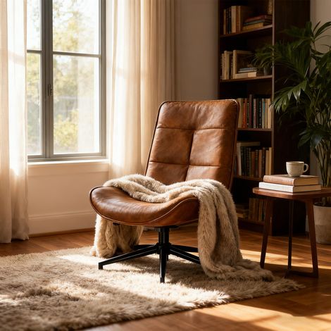 Meuble Cosy Fauteuil de Salon Confortable Pivotant, Chaise Relax Moderne avec Hauteur Réglable, Dossier Inclinable et Pliable, en Suédine Doux et Pieds Métal, Marron (1/5)