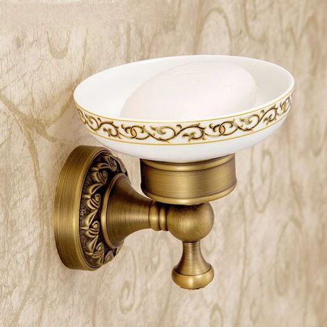 Jabonera de color bronce con soporte para montaje en pared, jabonera de ducha de latón de estilo antiguo de alta calidad con un diseño atemporal, ideal para el baño y el aseo. (1/4)
