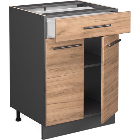 Mobiletto base per cucina Fame-Line, Rovere dorato, 60 cm con cassetto, senza piano di lavoro, Vicco