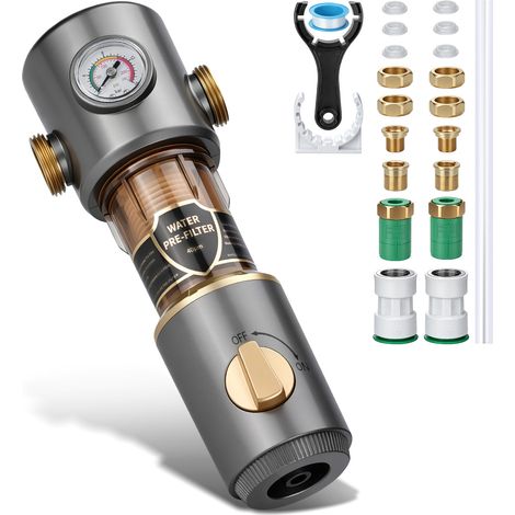 Préfiltre Eau Autonettoyant 40µm, Débit 8T/h (8000L/h),Filtre à Sédiments Lavable, Laiton Sans Plomb,Pression Max 10bar, Raccords de 1 pouce fournis avec adaptateurs 3/4" et 1/2",Pour Maison (1/5)
