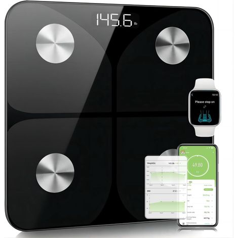 Balance Connectée Pèse Personne, Pèse Personne Impédancemètre, la masse graisseuse, l’eau, la masse musculaire, l’IMC et le MB (métabolisme de base), Pour IOS et Android