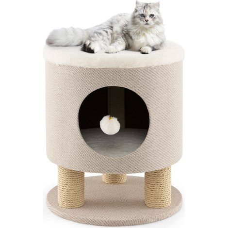 Pouf repose-pieds 3 en 1 pour chat beige en imitation angora avec 3 griffoirs et balle peluche pour salon, chambre et bureau (1/5)