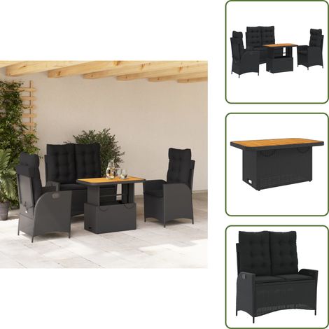 Sillas reclinables - vidaXL Juego comedor jardín 4 piezas con cojines ratán sintético negro - Banco reclinable