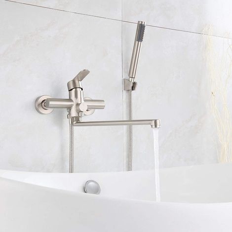Grifo de bañera con ducha de mano, mezclador monomando redondo de ducha de mano de pared en acero inoxidable cepillado, grifo de ducha para baño (1/5)