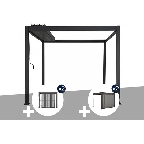 Pergola bioclimatique toit rétractable Evora Graphite - 4 x 3 m + 2 lots de portes coulissantes côté 3 m polycarbonate + 2 stores 4 m - Hespéride