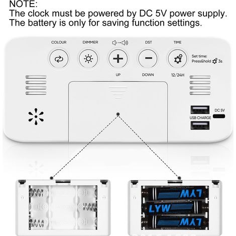 Sveglia digitale - ultra luminosa - luce notturna RGB - volume regolabile - con caricatore USB - per un sonno profondo - adulti/bambini - bianca - dimensioni standard - 1 pezzo (1/5)