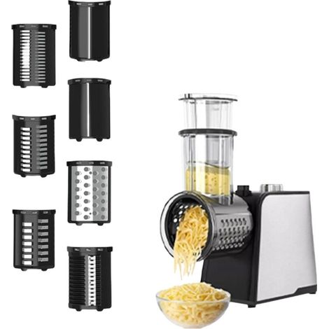 Coupe-légumes électrique, Gros Calibre Amélioré Rape à Fromage, 250W Râpe a Légumes Électrique, Hachoir Multifonctionnel Râpe, Râpe Carottes Electrique, avec 7 Lames, avec commande à un bouton