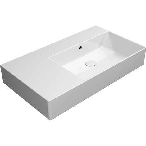 Lavabo en céramique KUBE X 80x47cm, étagère à gauche, sans trou pour robinetterie, blanc ExtraGlaze (1/4)