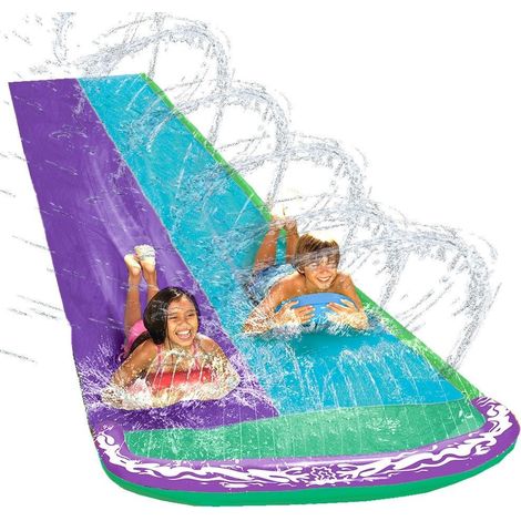 Ac-Deco – Toboggan aquatique gonflable double voie 480 x 145 cm – Matériau résistant aux déchirures – Fontaine intégrée pour plus de fun