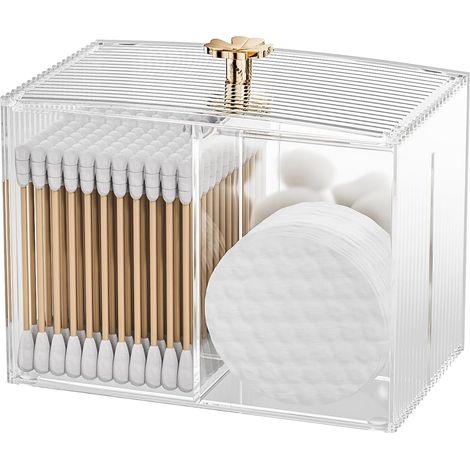 Support Pour Cotons-Tiges - 3 Compartiments - Récipient Transparent En Plastique Acrylique - Avec Couvercle Et Poignée Trèfle - Organisation Salle De Bain (1/5)