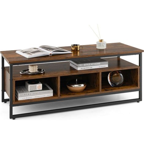 Industrial Coffee Table Home Cocktail Tea Side Table Open Shelf & 3 Storage Cube (1/5)