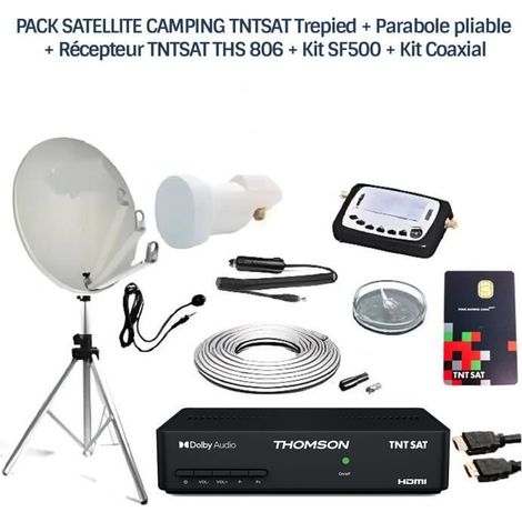 PACK SATELLITE CAMPING TNTSAT Trepied + Parabole pliable + Récepteur TNTSAT THS 806 + Kit SF500 + Kit Coaxial