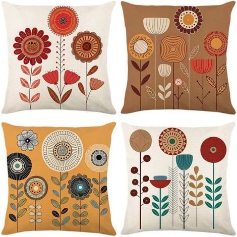 Housse De Coussin - Floral Rétro - Lin - 45 x 45 Cm - Fermeture Éclair Cachée - Pour Canapé Ou Lit - Lot De 4 (1/5)