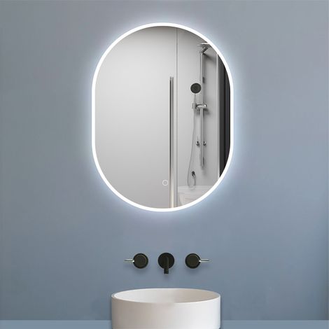 Aica Miroir salle de bain Ovale LED 50x70cm Tricolore + Dimmable + Mémoire + Anti-Buée, IP44 HD Verre Miroir-Mural